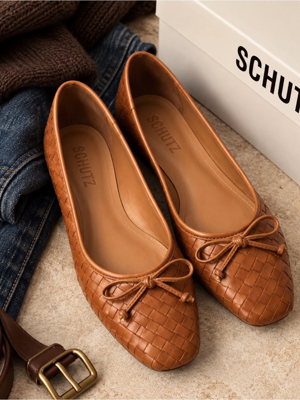 Schutz Arissa Woven Leather Ballet Flats Miele Brown 8.5 NIB